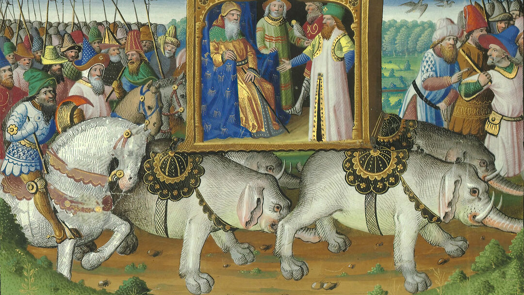 An ancient painting symbolising the arrival of Marco Polo at Kublai Khan&rsquo;s court.