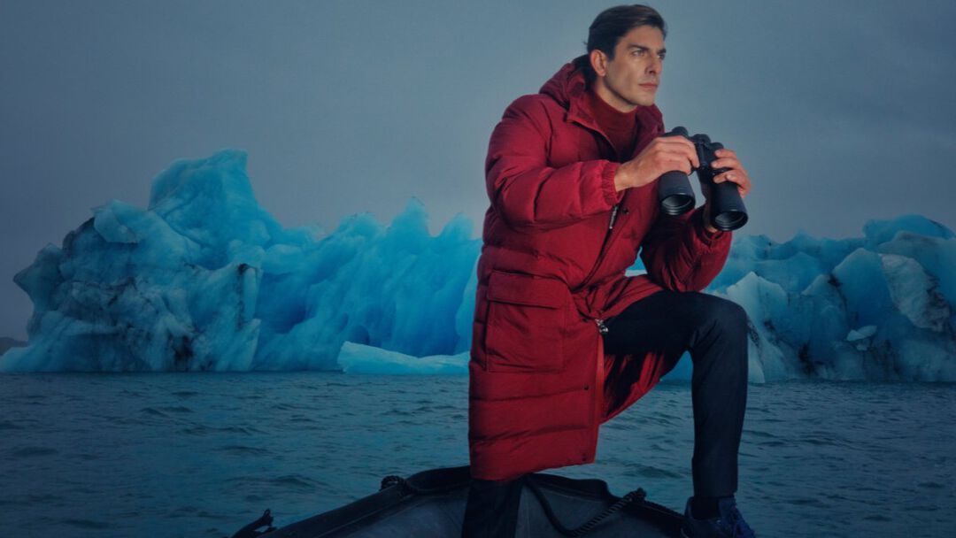 model in front of the ice in Iceland