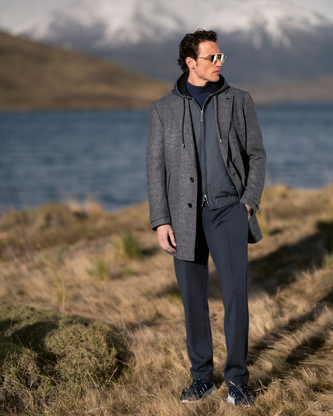 The model posing in Torres del Paine