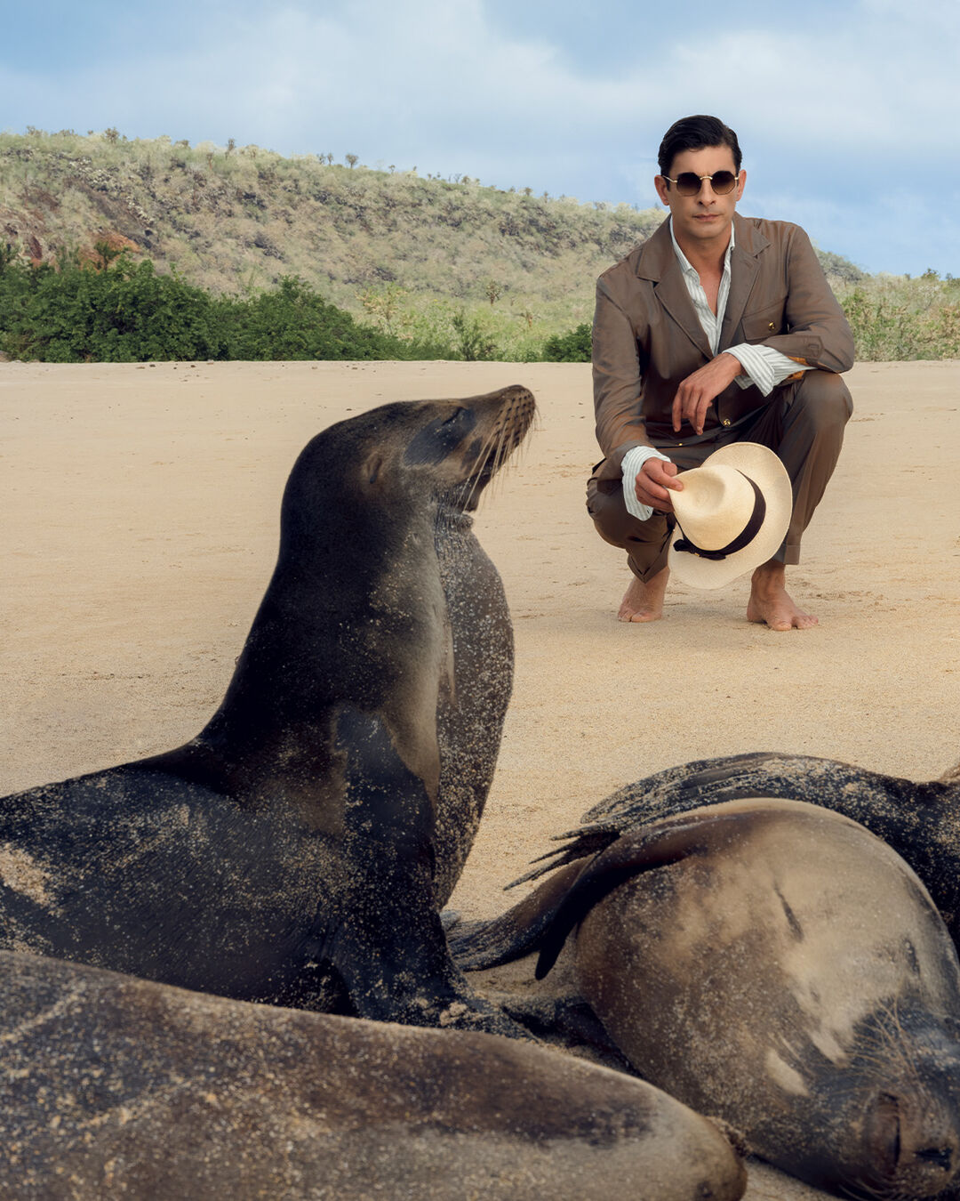 Model with a seagull in Galapgos