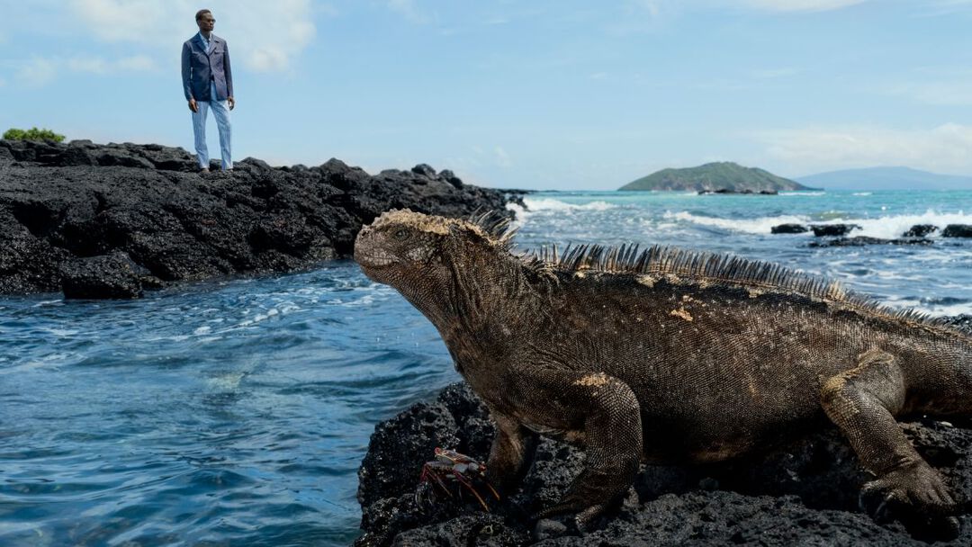 model in front of the beach in Galapagos