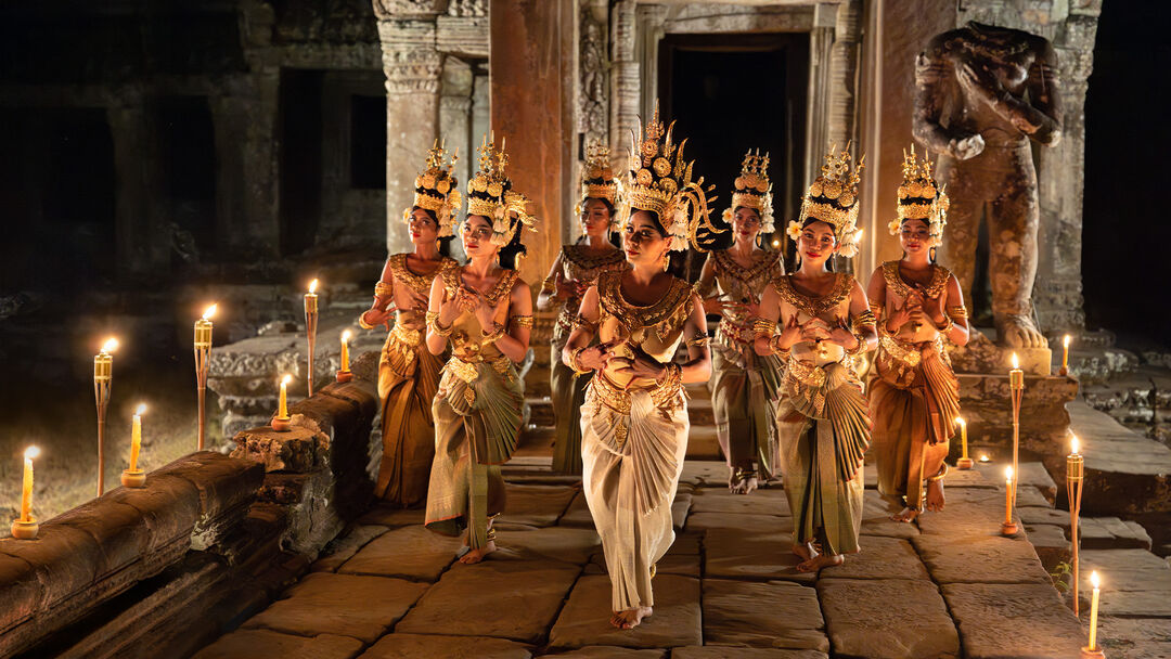 Preah Khan Temple. Robam-Tep Apsara, one of the national symbols of Cambodia. Apsara represent an important motif in the stone bas-relief of the Angkorian temple. They wear a Sampot Sarabap, a type of silk brocade that is intricately pleated in the front.