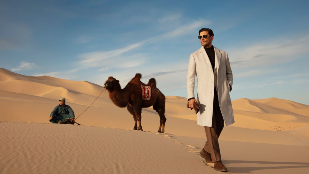 model in the middle of the Mongolian desert with a camel