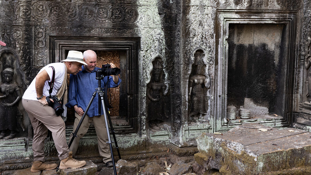 Ta Prohm Temple. Steve McCurry and Filippo Ricci on the set of SR Explorer &ndash; Mission Cambodia.
