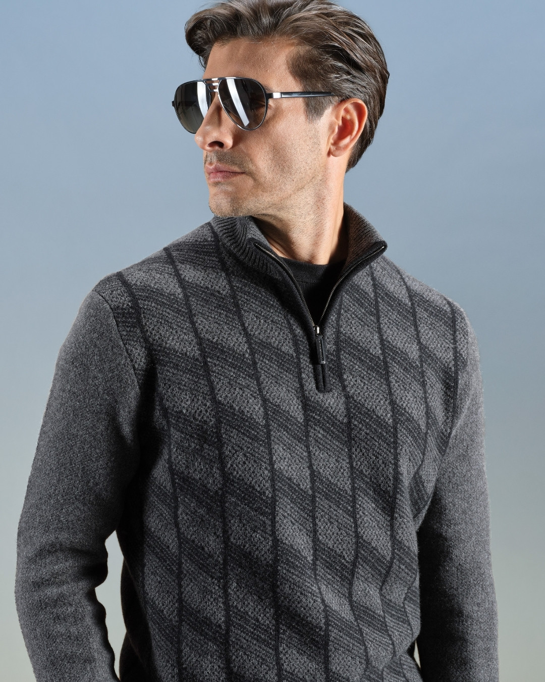 Half-zip mock neck knit sweater, cashmere and wool blend