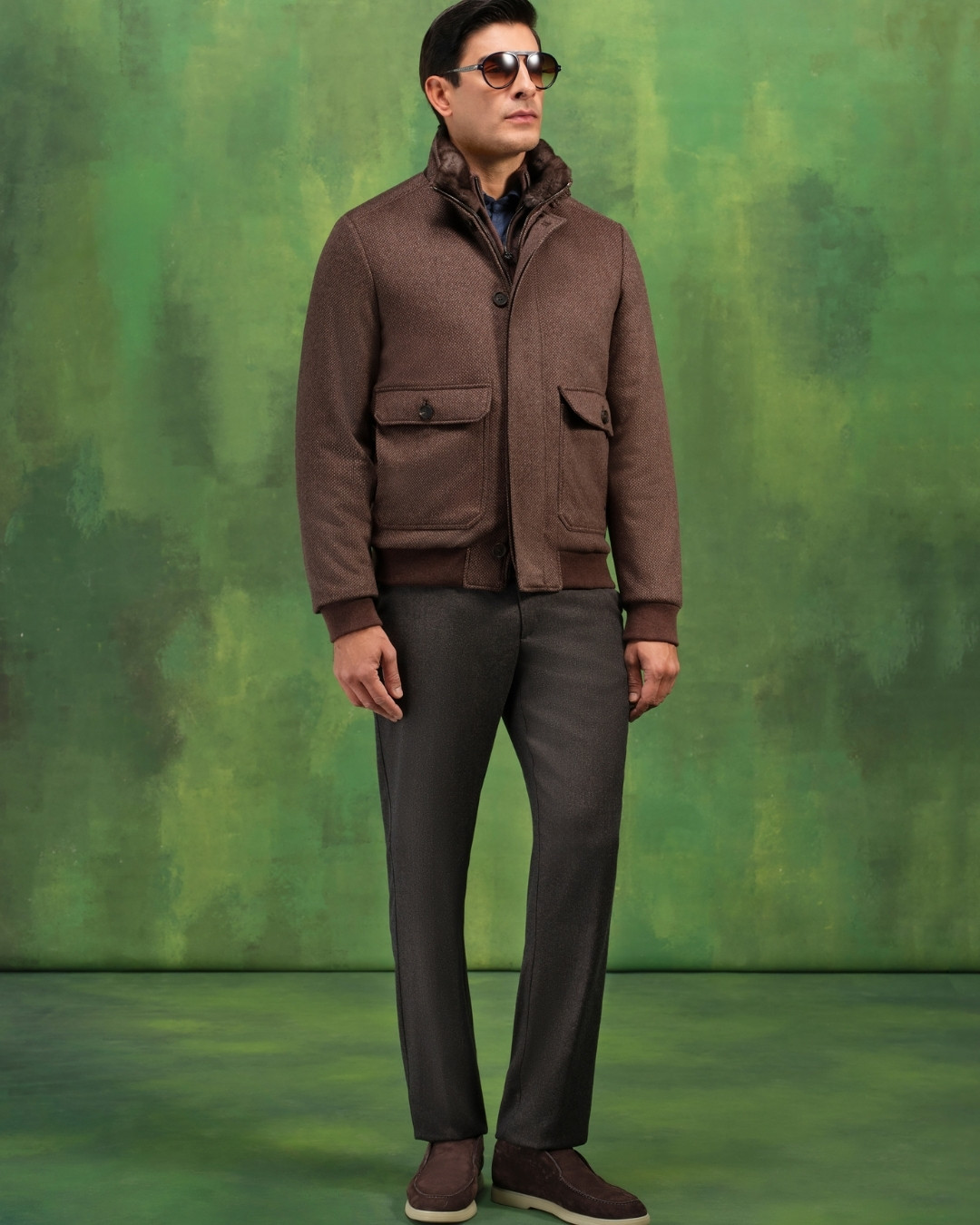 Blouson, 100% cashmere with Nappa lambskin leather inserts and detachable Orylag fur collar