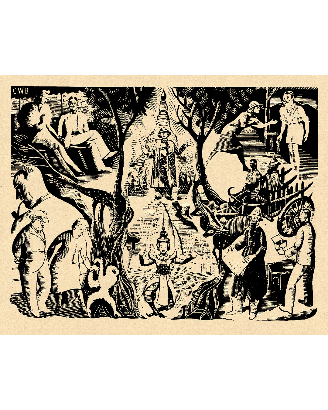 Woodcut by C. W. Bacon from 1950 for the London weekly magazine "Radio Times", which iconographically summarises the long journey told by Somerset Maugham in the book "The Gentleman in the parlour".