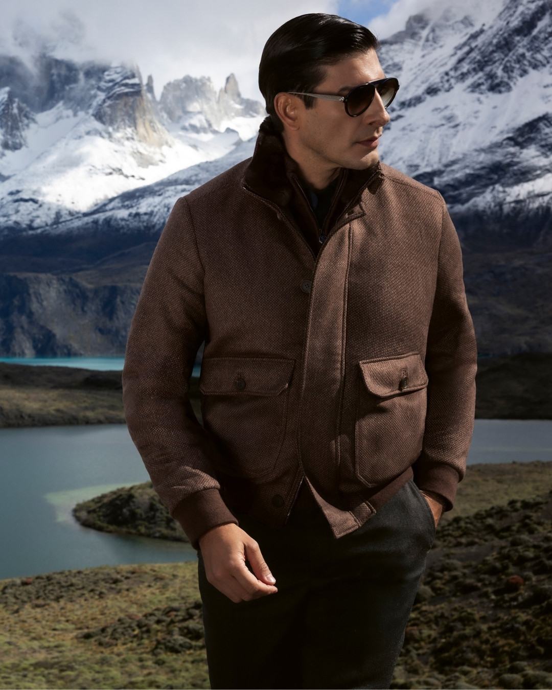 Blouson, 100% cashmere with Nappa lambskin leather inserts and detachable Orylag fur collar