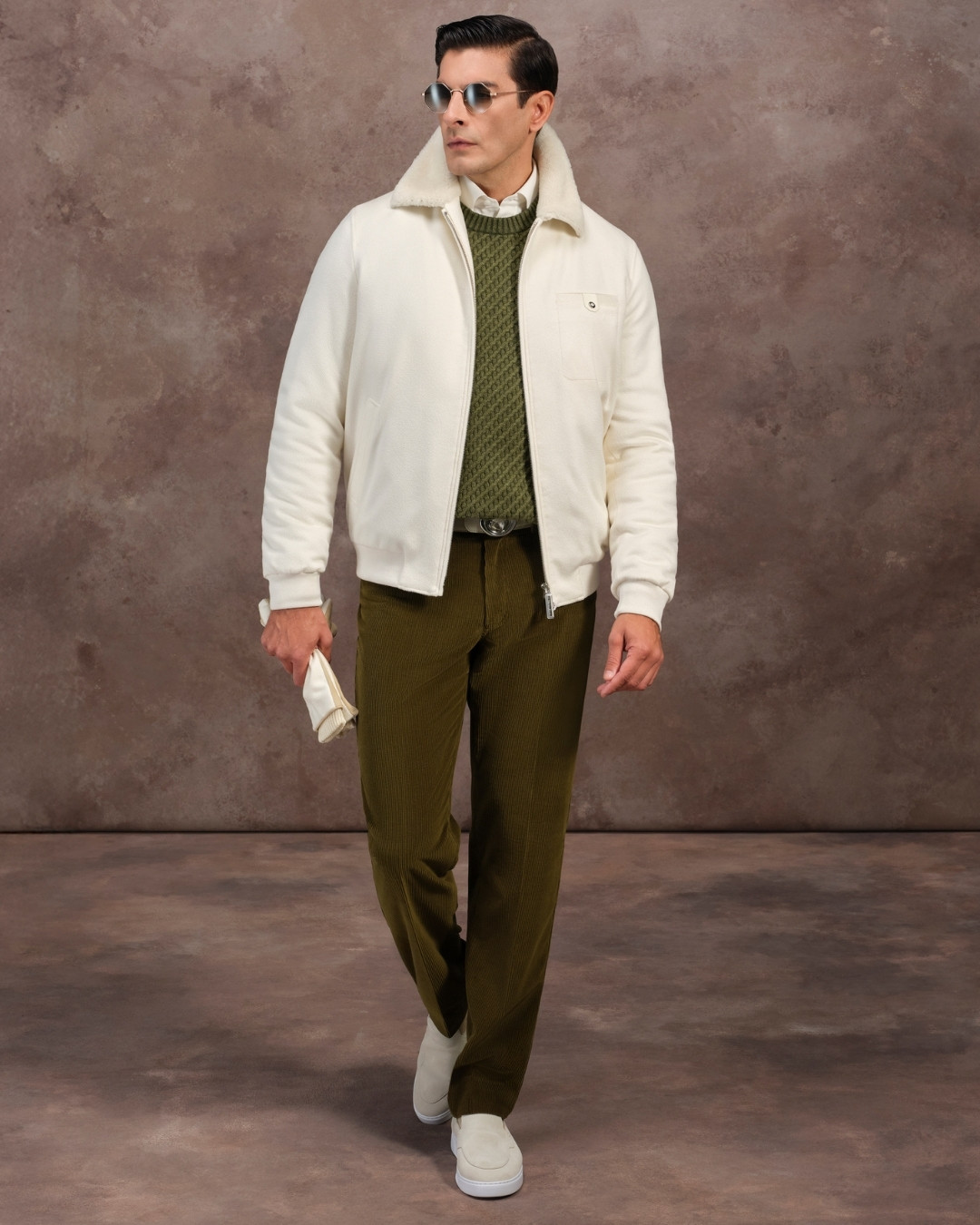 Blouson, 100% cashmere with suede inserts and shearling collar