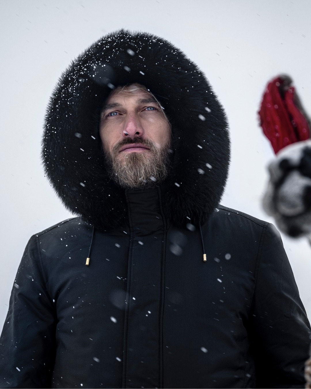 Hooded down jacket, 100% silk with fox fur trim and crocodile inserts