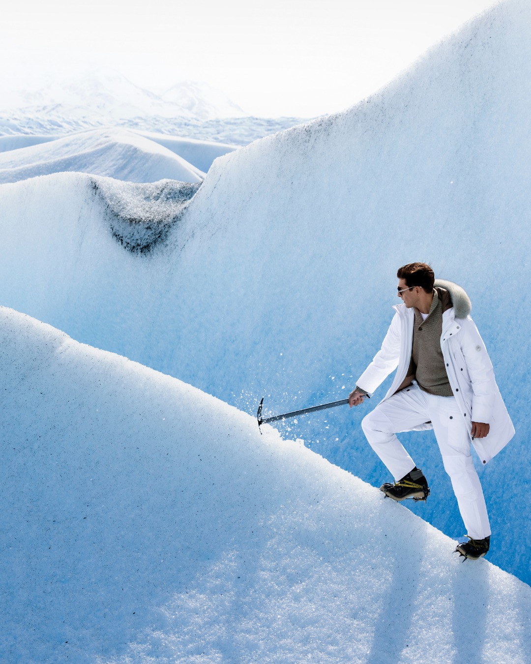 The model hiking on the ice in Chile