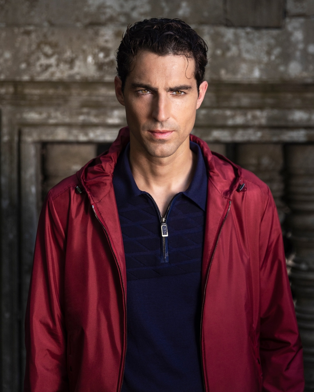 Hooded blouson, 100% silk with matted crocodile details