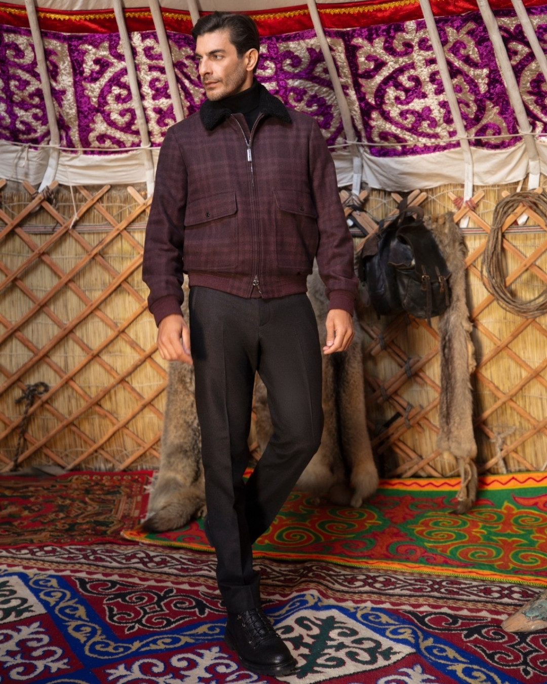 Blouson, 100% cashmere with shearling collar