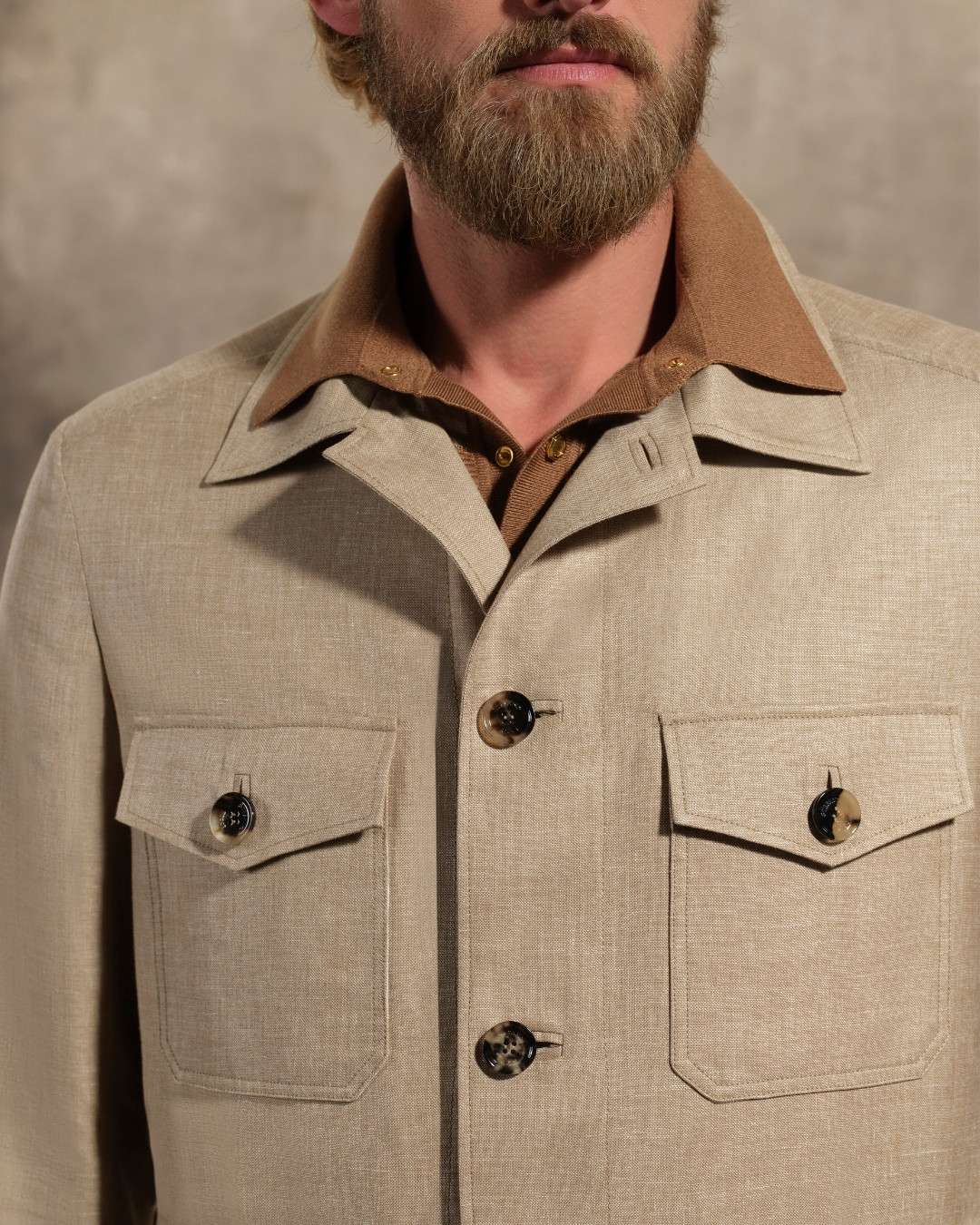 Details of field jacket, wool, linen and silk