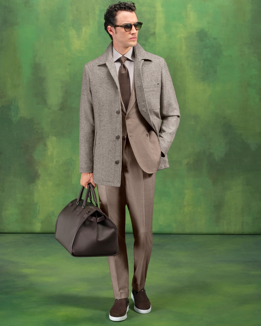 Overcoat, cashmere and silk with suede inserts
