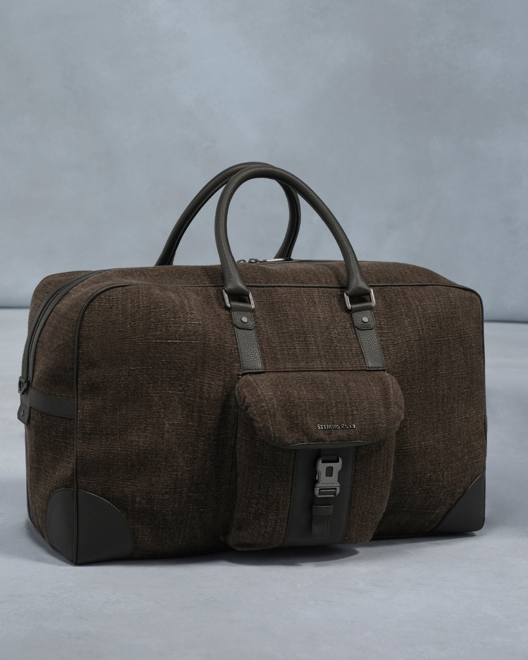 Explorer handmade duffle bag, linen and viscose with calfskin leather details