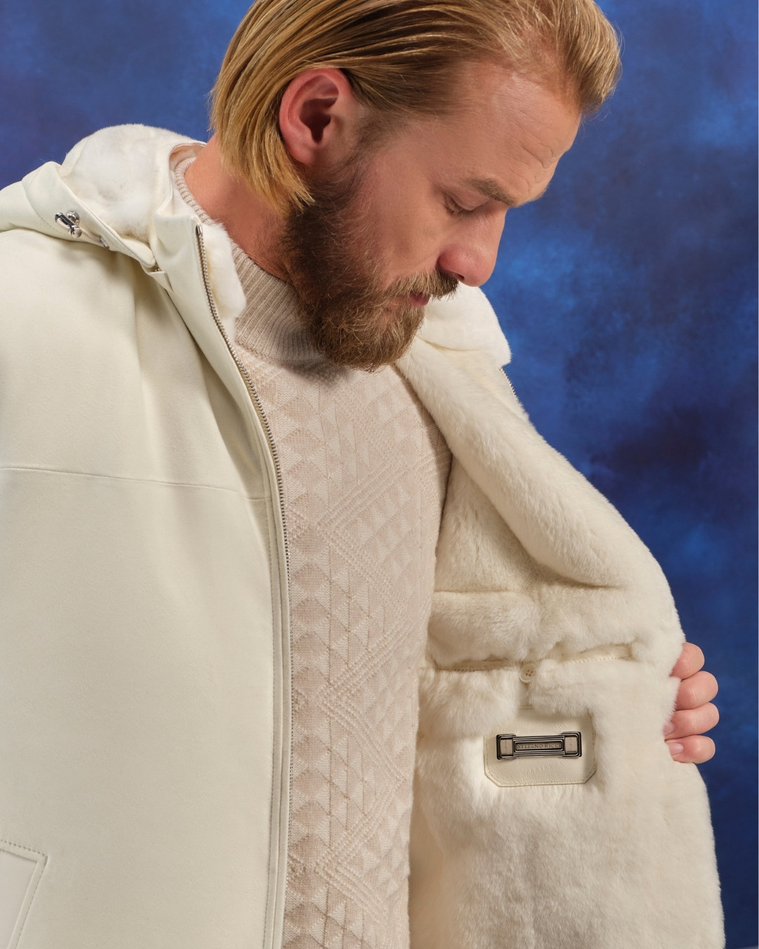 Hooded blouson, 100% suede with Nappa lambskin leather inserts and Orylag fur lining