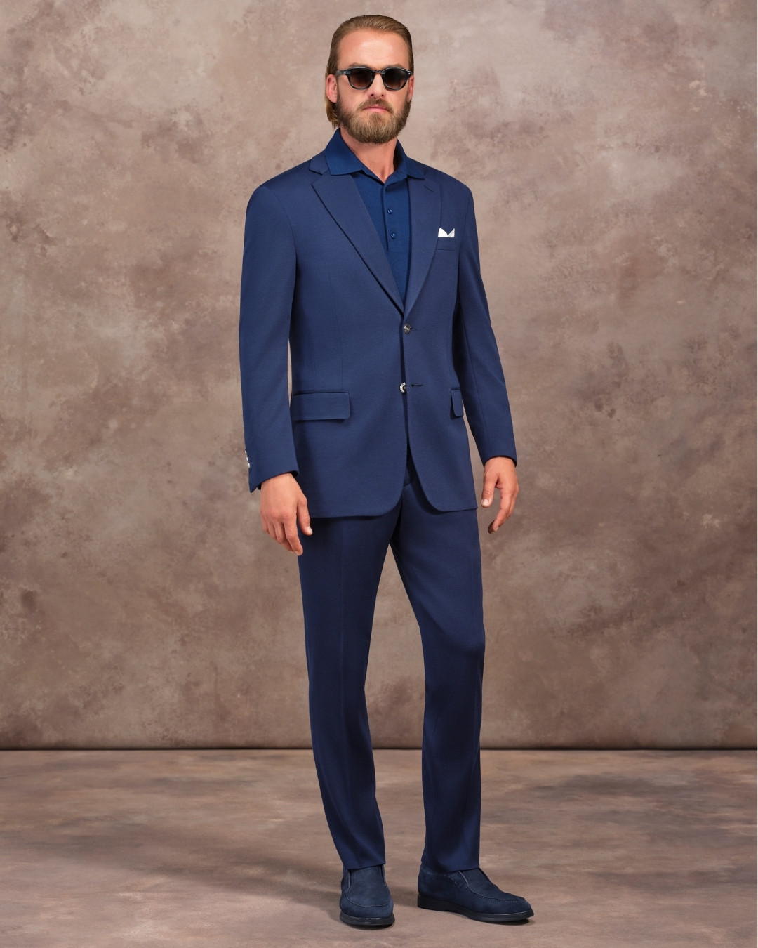 Alpha Yarn knit deconstructed two-button suit, 100% vicu&ntilde;a