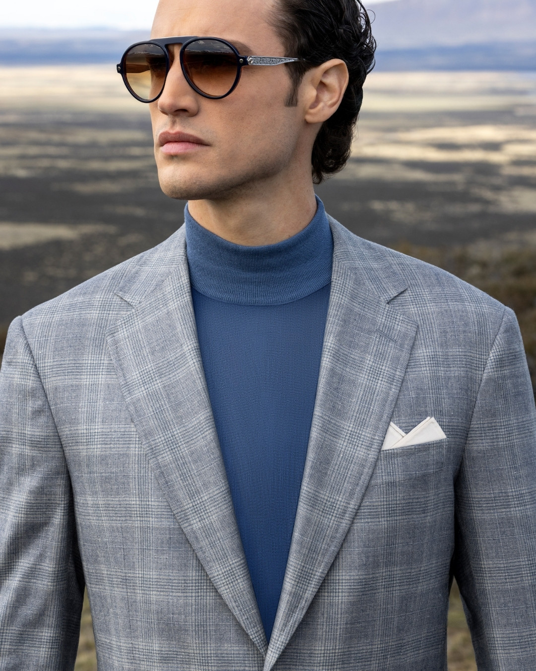 Deconstructed two-button jacket, wool, cashmere, silk and linen