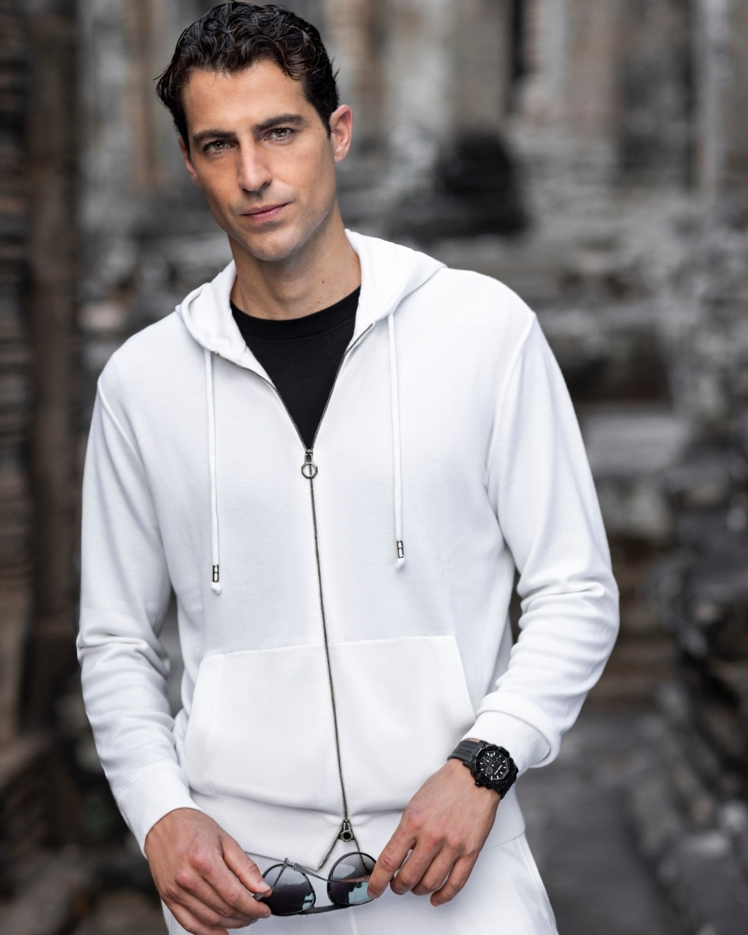 Knit hooded zip sweater, 100% cashmere