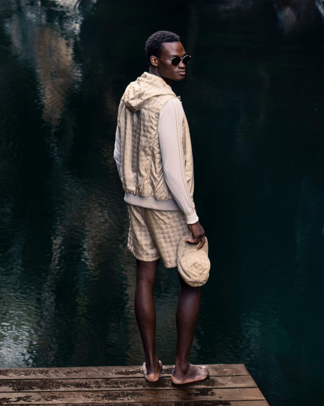 Hooded gilet, technical fabric with Nappa lambskin leather details