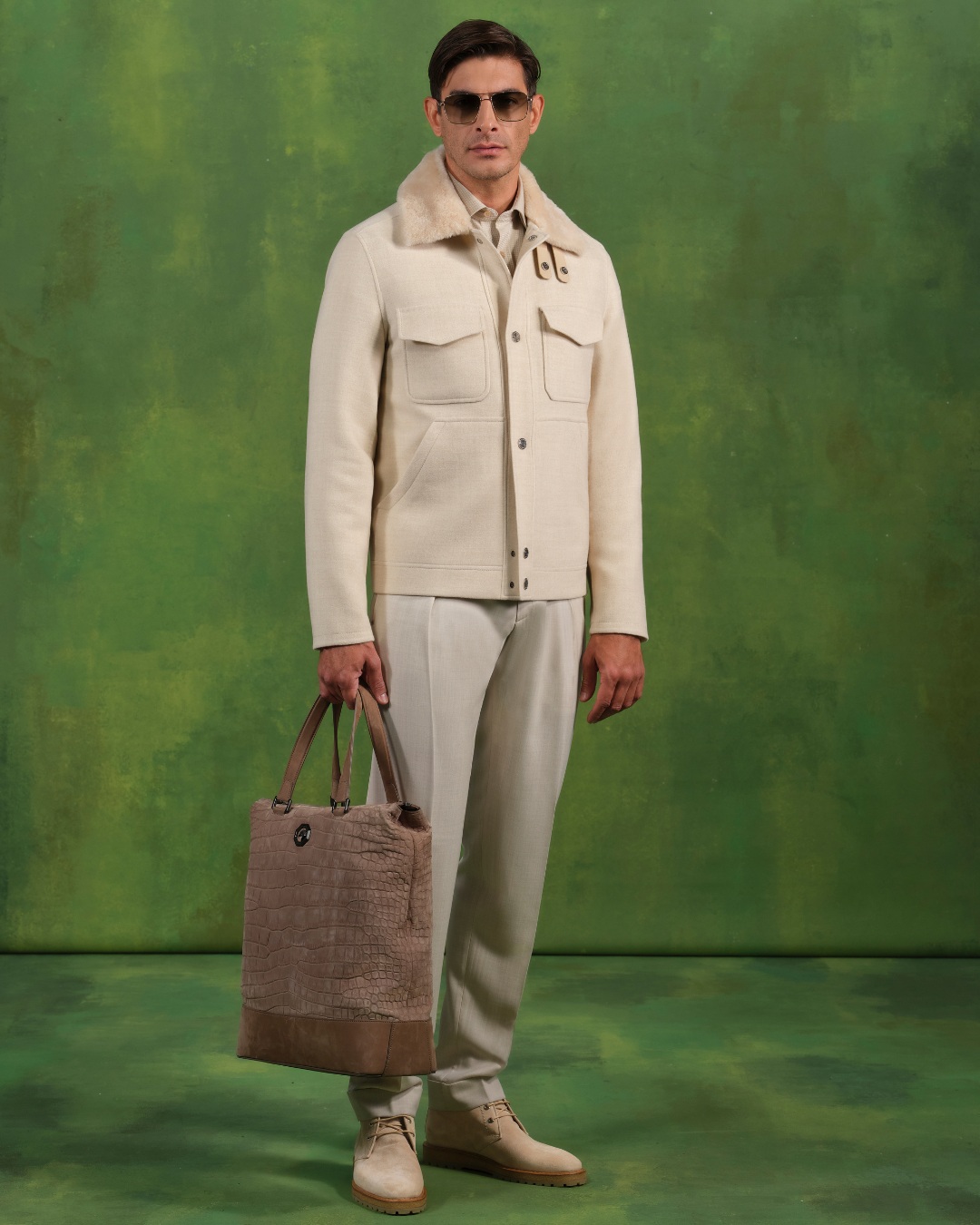 Handmade tote bag, nubuck crocodile with nubuck calfskin leather details