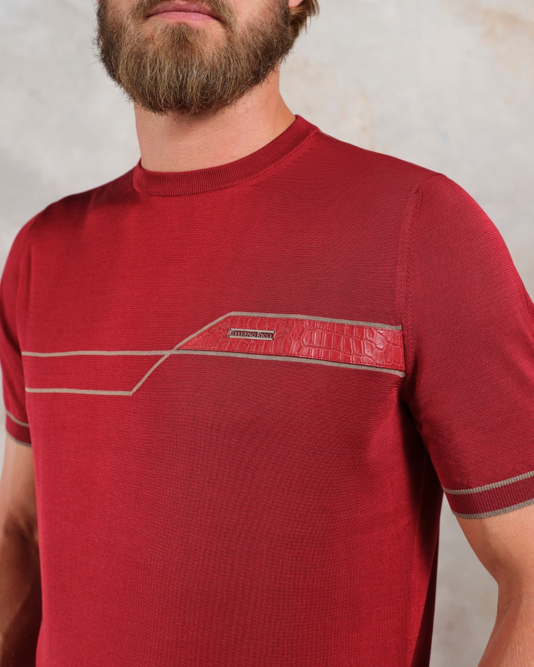 Knit crewneck sweater, silk and cotton with matted crocodile details