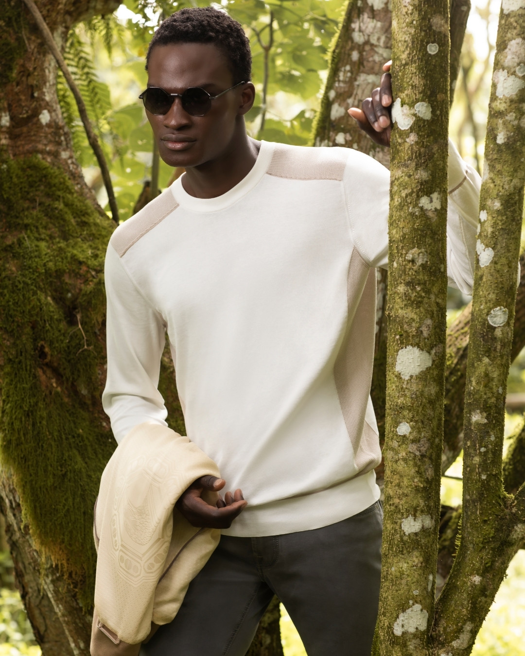 Knit long sleeve crewneck sweater, cotton and silk blend with matted crocodile details