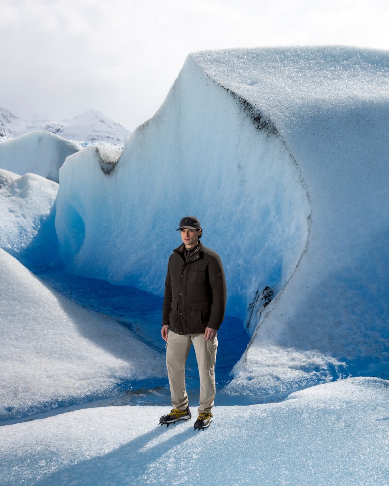 model posing at grey glacier