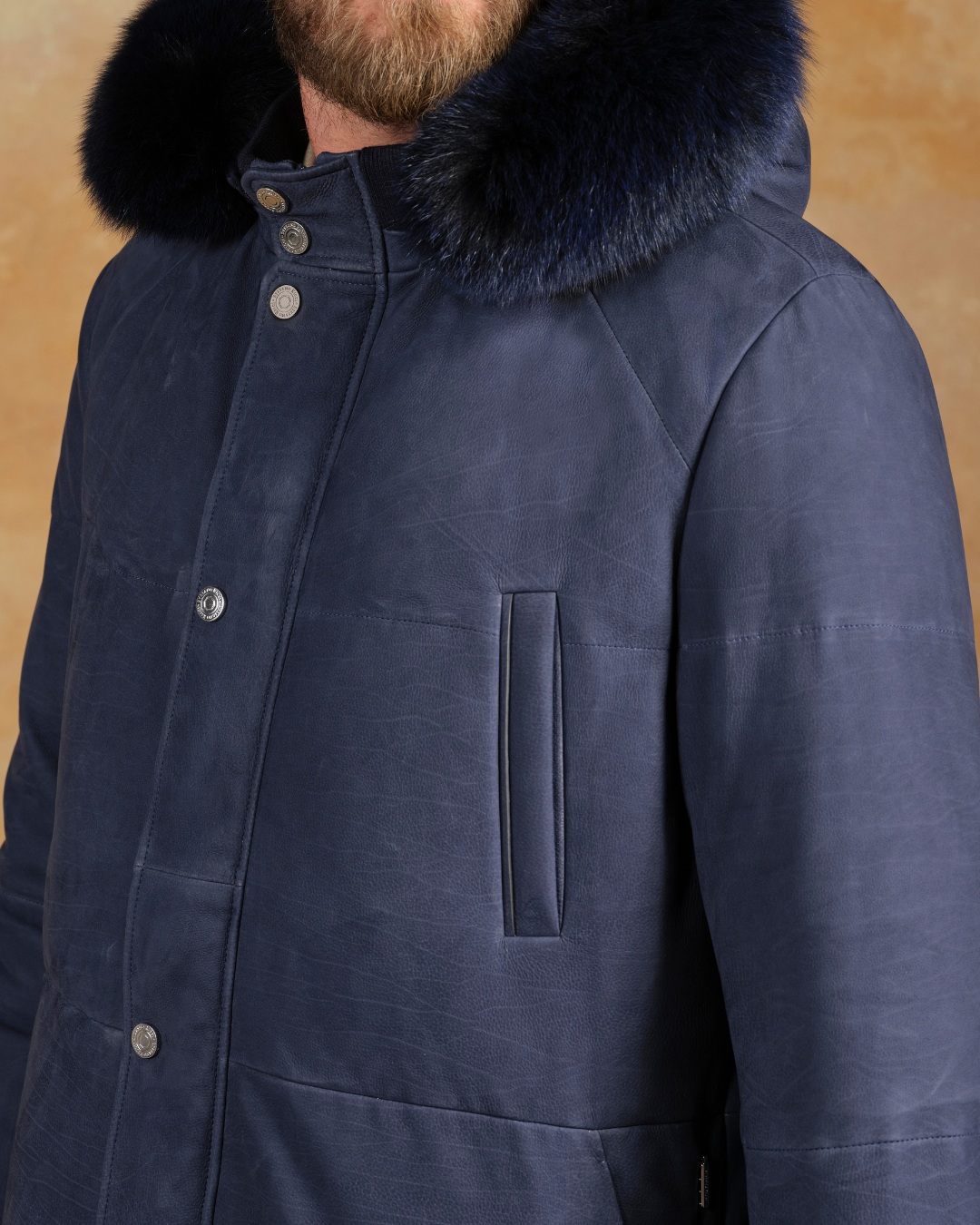 Details of Hooded down jacket, 100% nubuck calfskin leather with fox fur trim