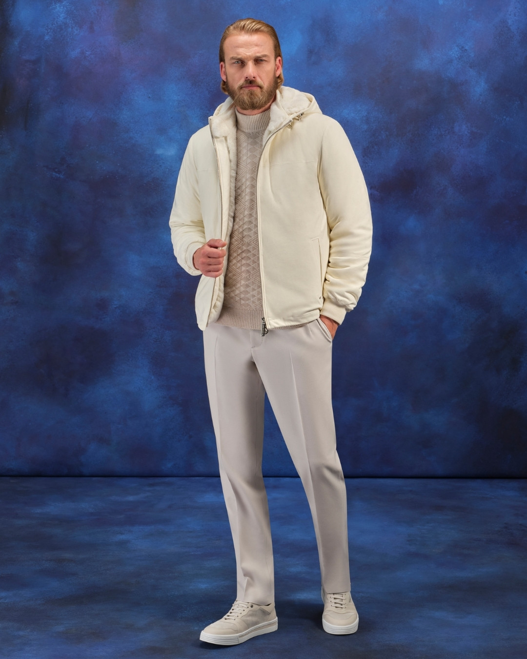 Hooded blouson, 100% suede with Nappa lambskin leather inserts and Orylag fur lining