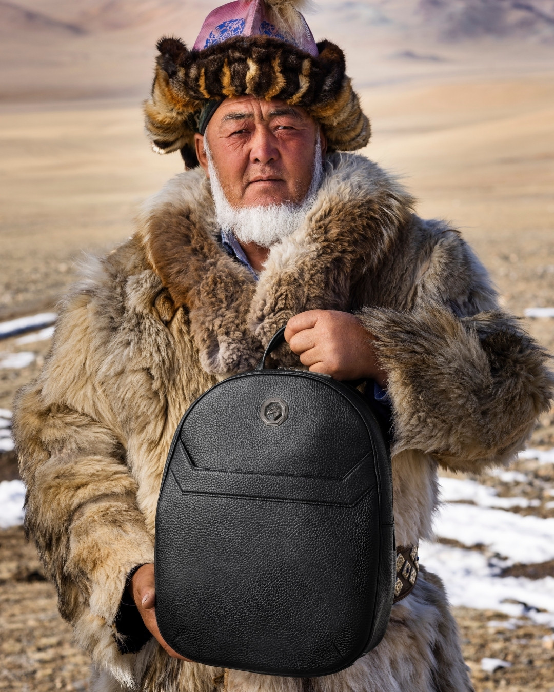 Eagle Hunter with the handmade backpack, 100% calfskin leather