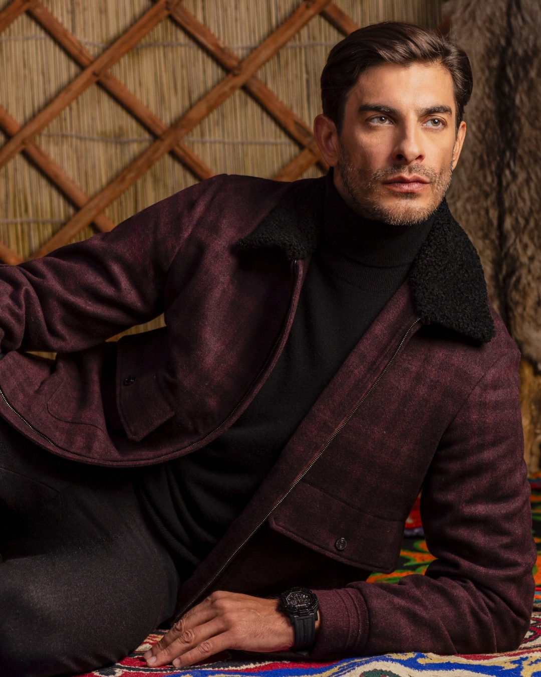 Blouson, 100% cashmere with shearling collar