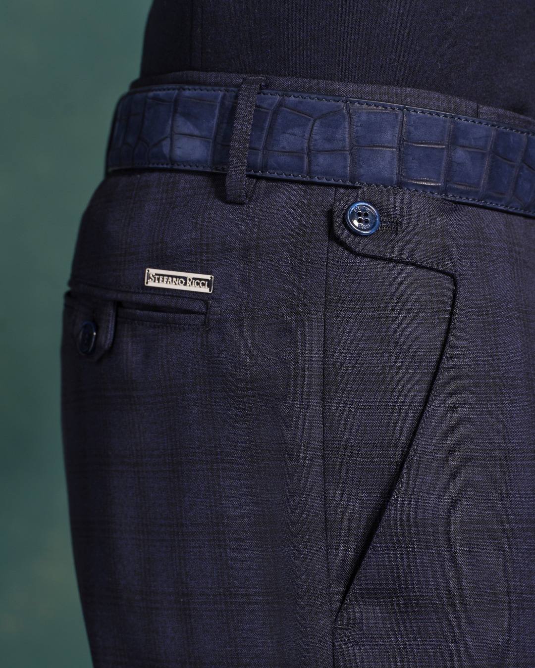 Sport trousers, 100% virgin wool and handmade belt, 100% nubuck crocodile