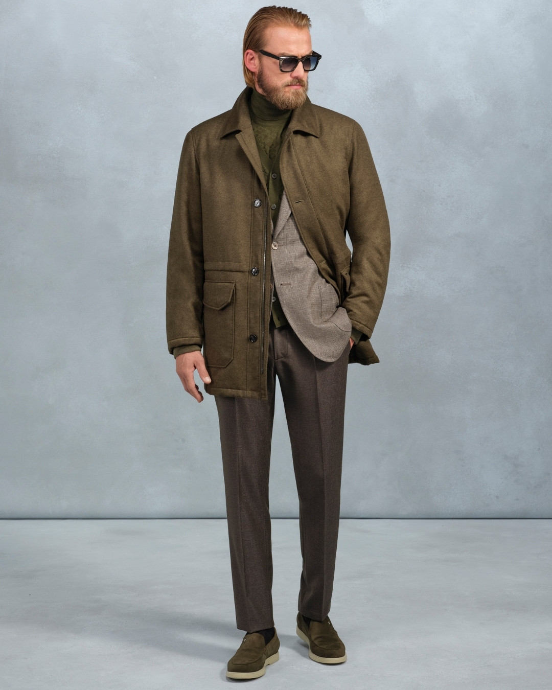 Deconstructed two-button jacket, wool, cashmere, silk and linen