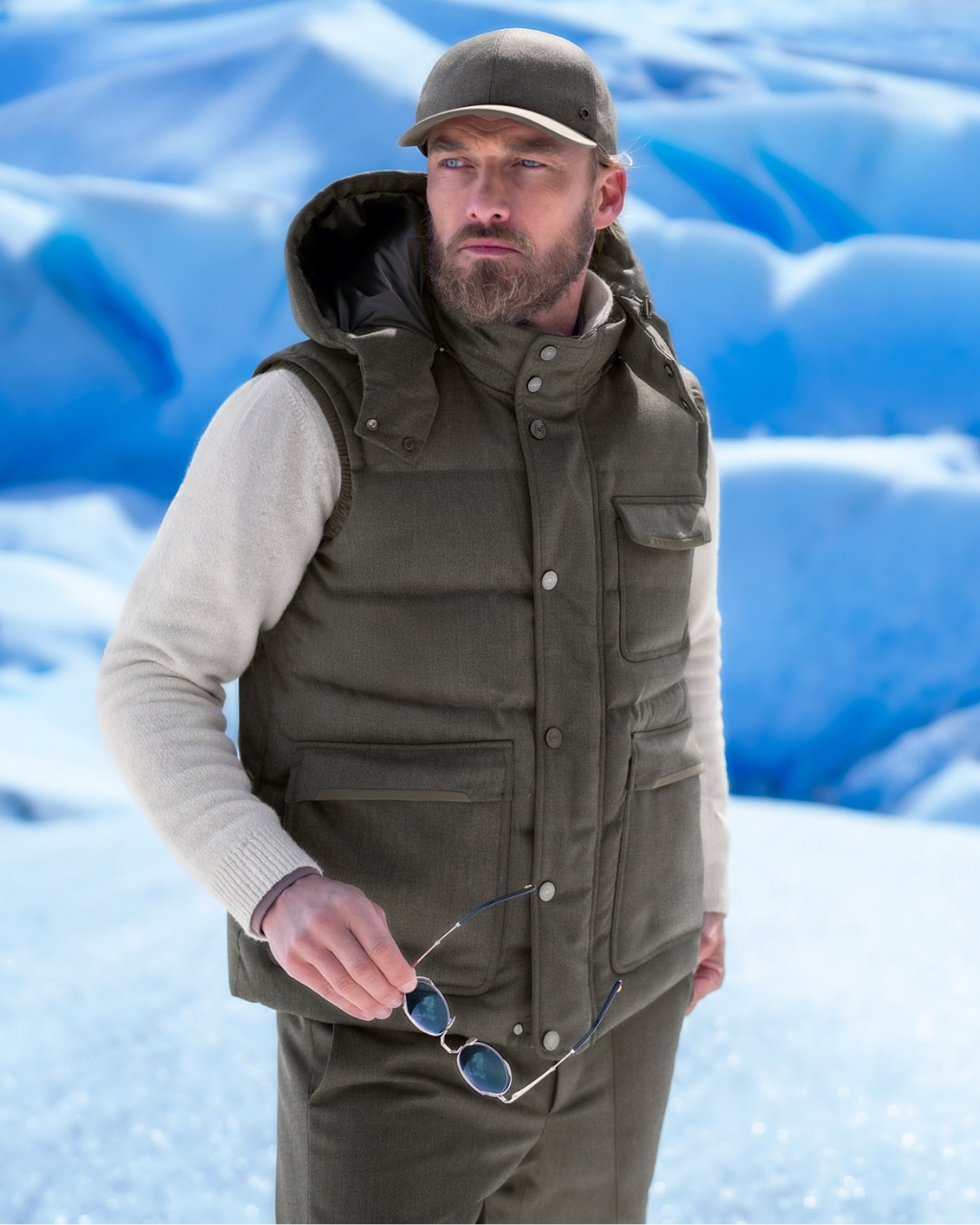 Details of Explorer hooded down gilet, 100% wool