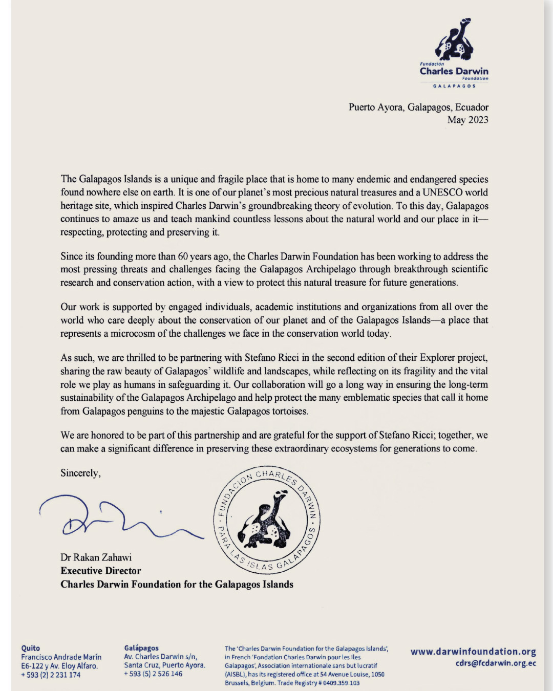 Agreement with Charles Darwin Foundation