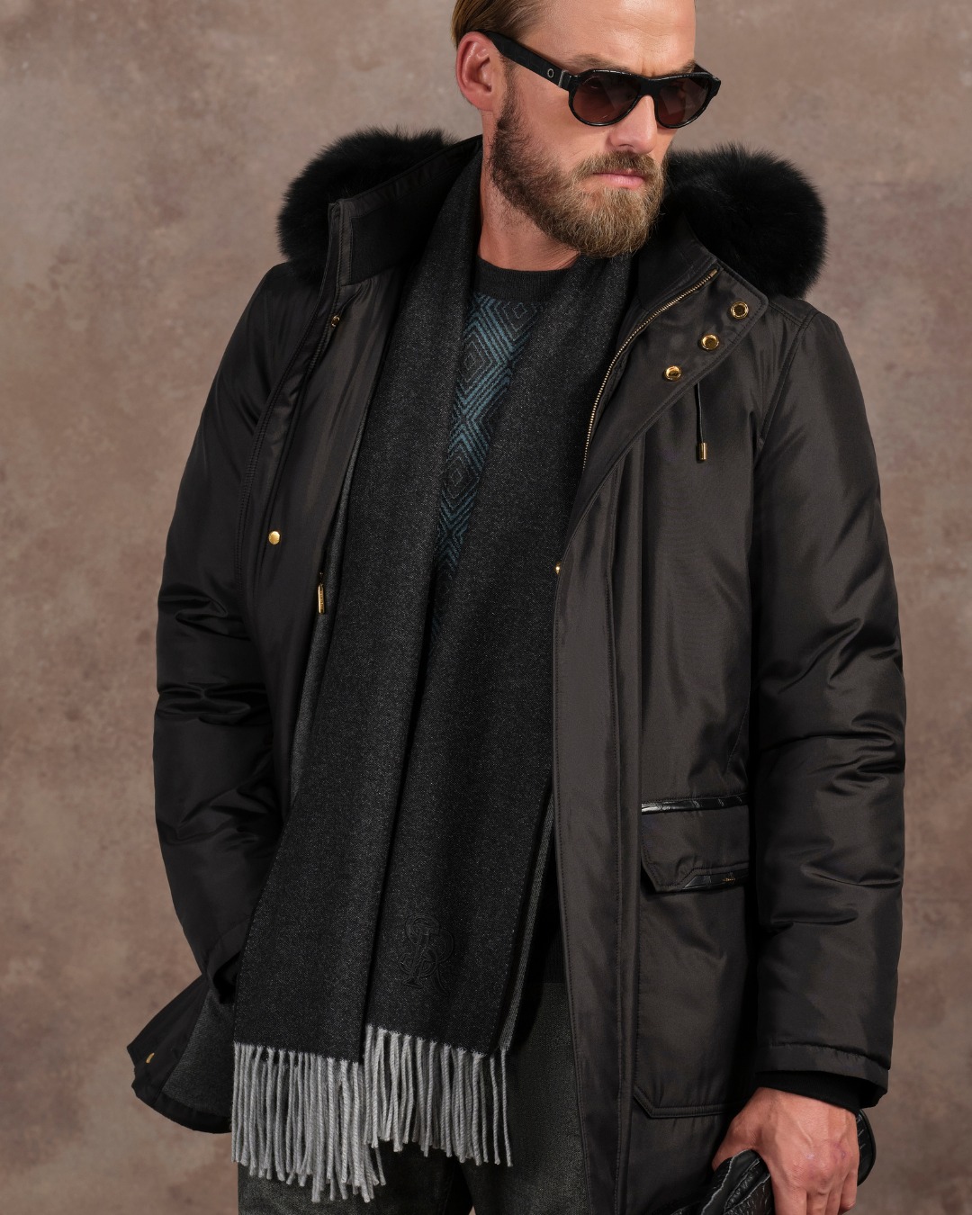 Hooded down jacket, 100% silk with fox fur trim and crocodile inserts