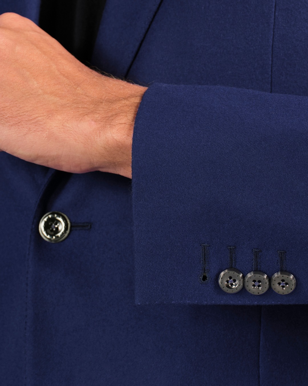 Details of deconstructed two-button jacket, vicuna