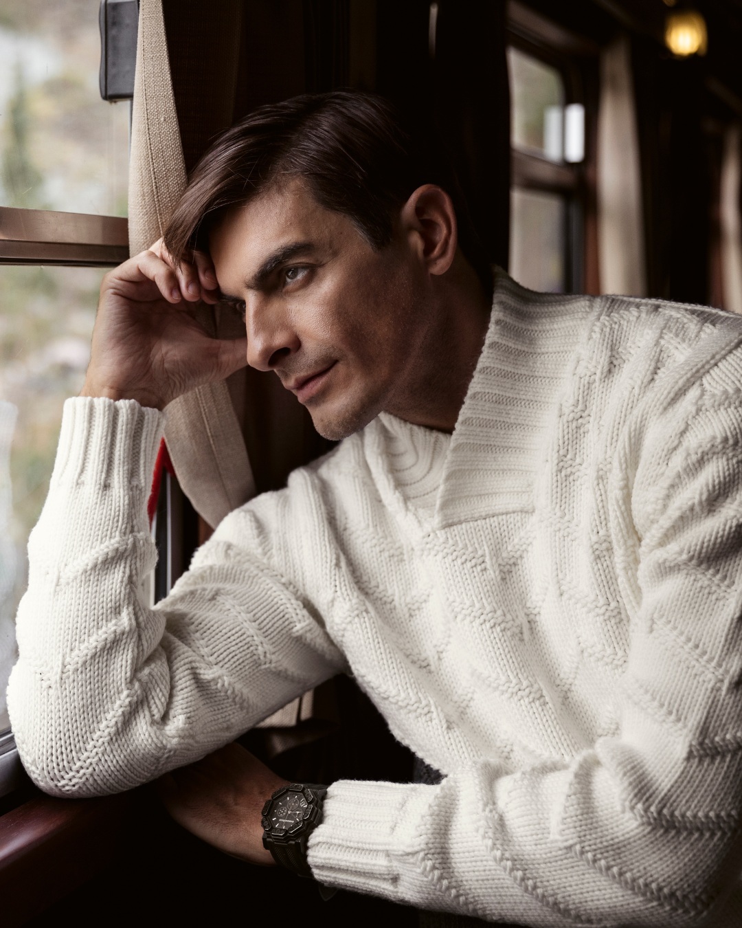 Knit shawl neck sweater, 100% wool