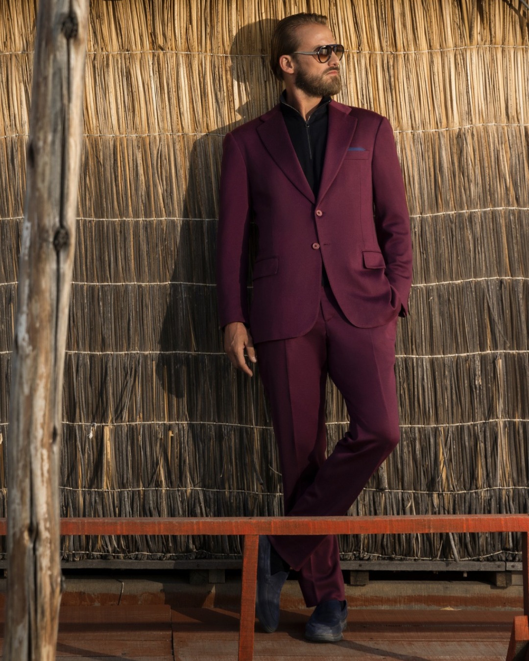 Alpha Yarn jersey two-button jacket, 100% cashmere, and Alpha Yarn knit half-zip sweater, 100% cashmere