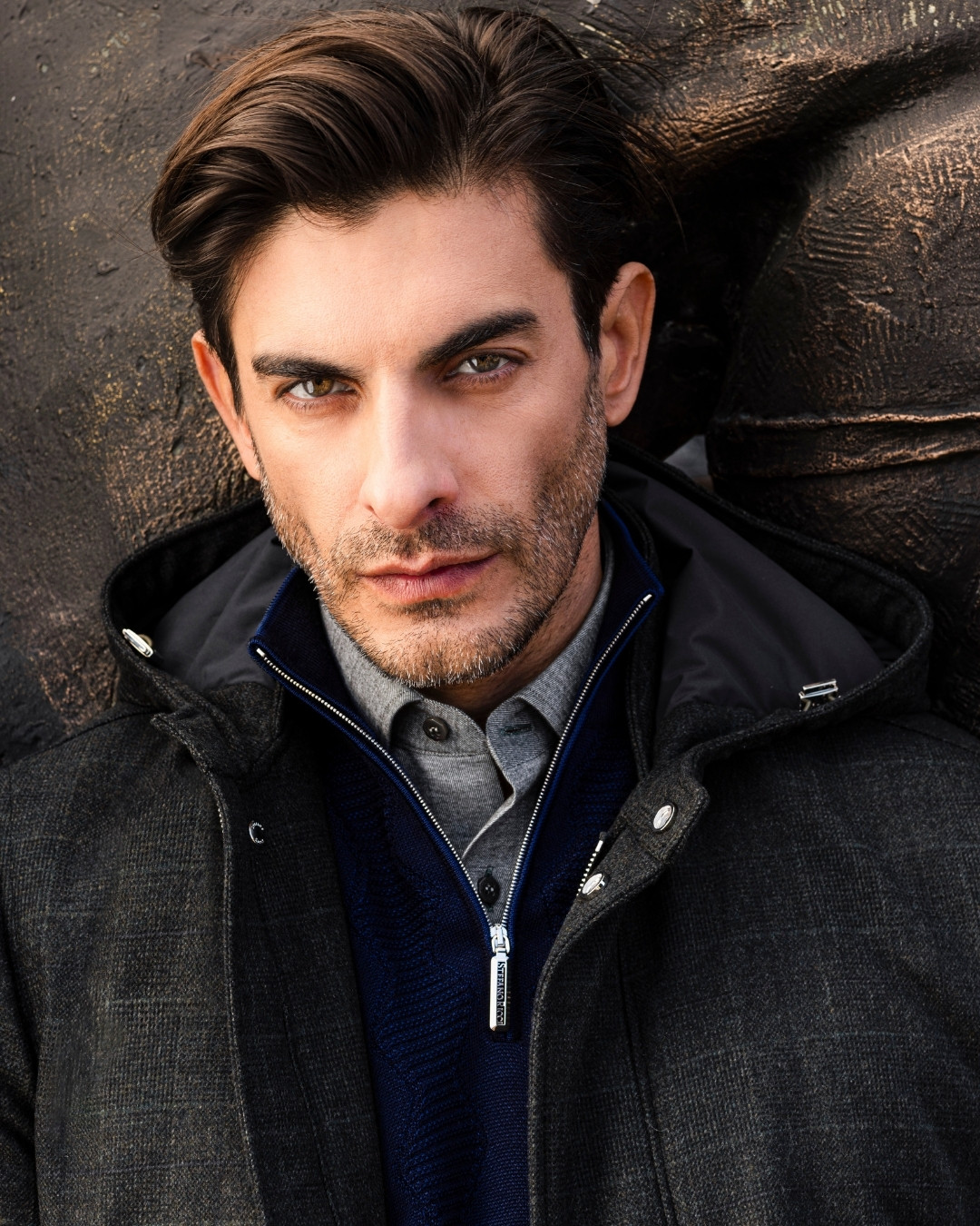 Hooded down coat, wool and cashmere blend