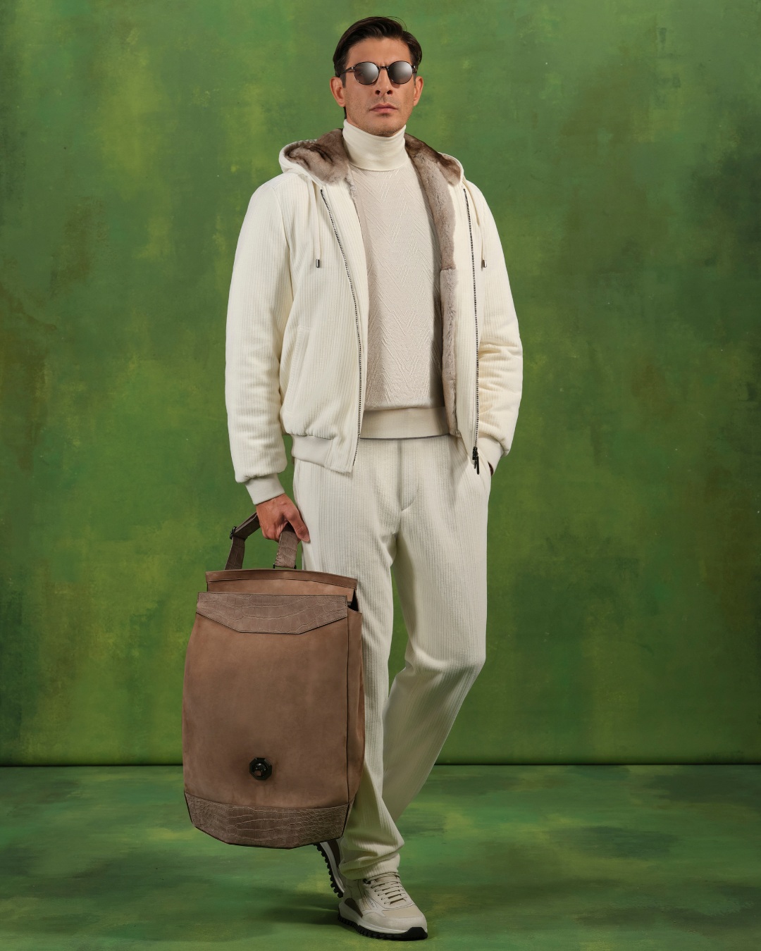 Handmade one-shoulder backpack, nubuck calfskin leather with nubuck crocodile details