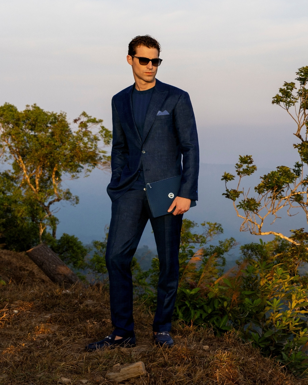 The model wearing Two-button suit, silk, cashmere and linen