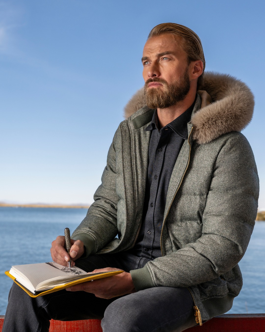 Hooded down jacket, wool, silk and cashmere with fox fur trim