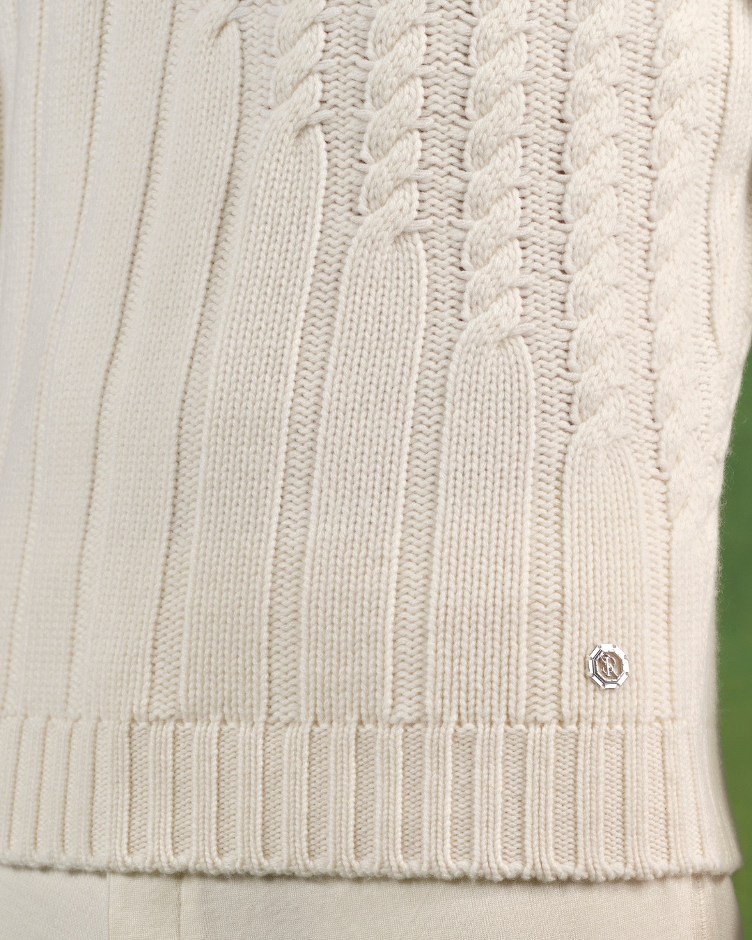 Details of knit turtleneck sweater, cashmere and silk